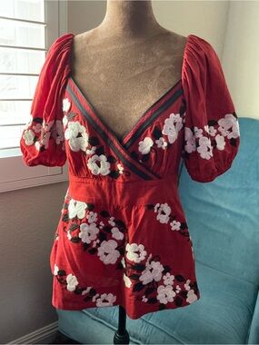 Lithe Anthropologie Red Floral Embroidered Tailored Blouse